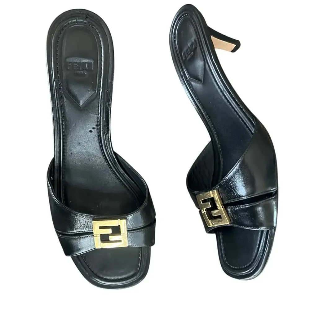 Fendi Women’s Ffold Square Toe Black Leather Gold Hardware Kitten Heel Sandals - Picture 2 of 13
